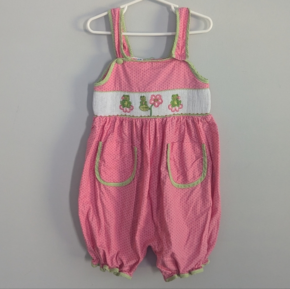 cukes Other - Girls Cukes Frog Polka Dot Jumpsuit 4T Pink Green Smocked